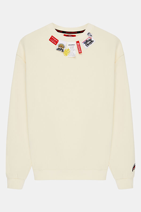 Krem Relax Kalıp Bisiklet Yaka Erkek Sweatshirt