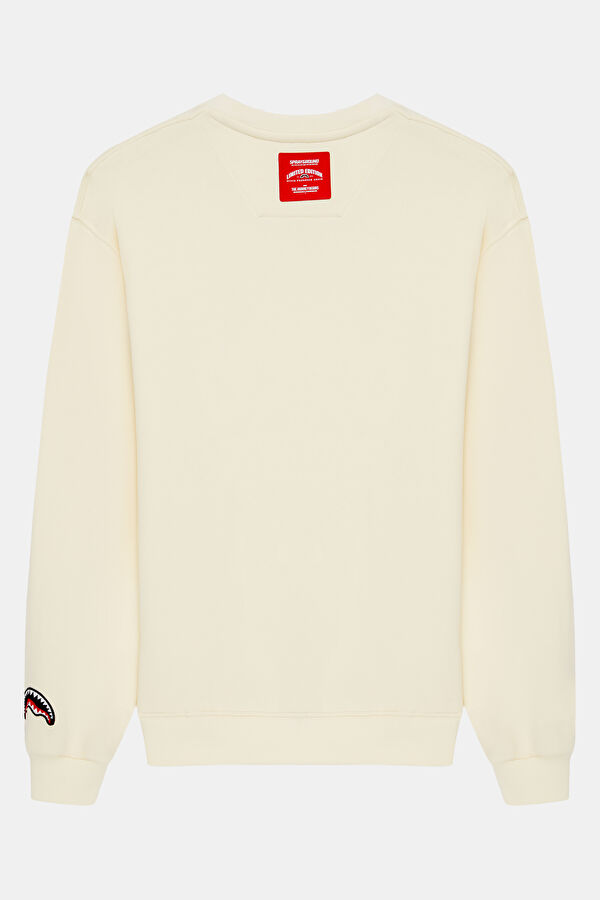 Krem Relax Kalıp Bisiklet Yaka Erkek Sweatshirt 2