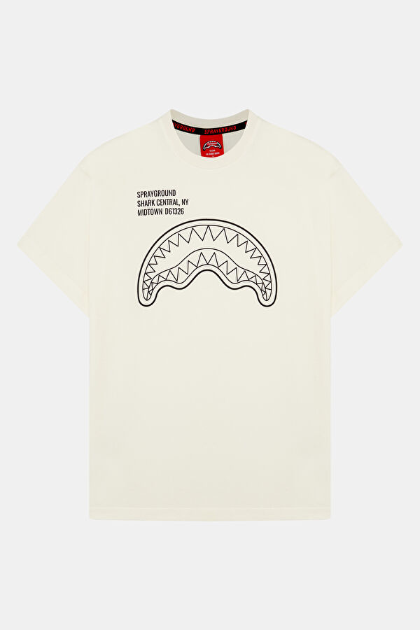 Relax Kalıp Krem Bisiklet Yaka Baskılı Erkek T-Shirt