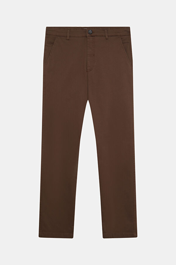 Coffee-colored, straight-leg men's trousers.