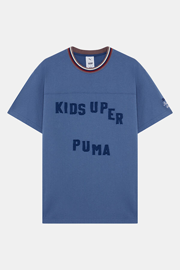 X KidSuper Relax Kalıp Mavi Bisiklet Yaka Baskılı Erkek T-Shirt