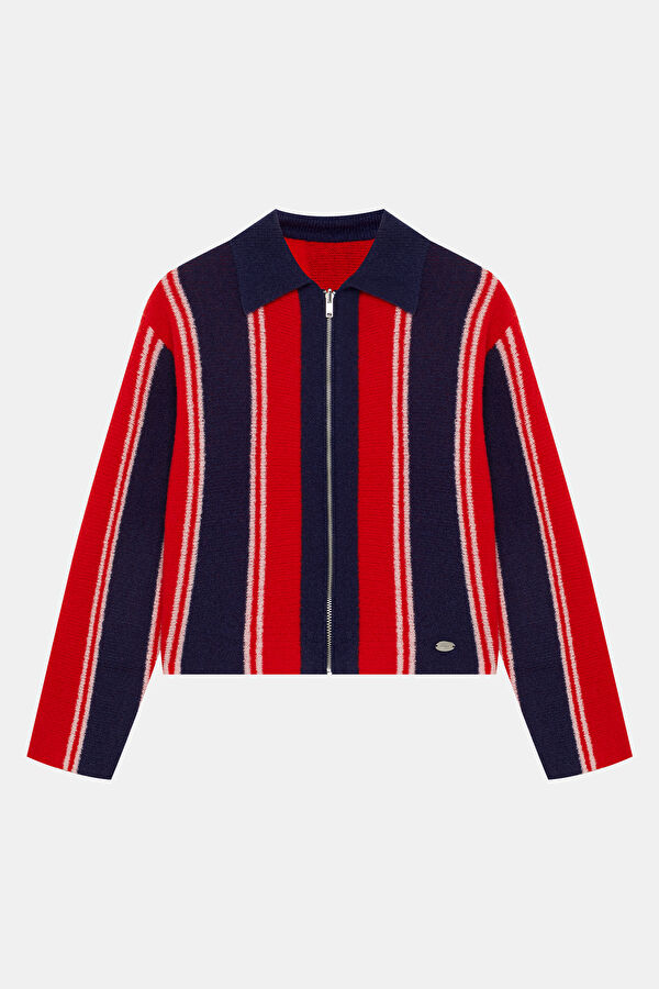 Red Striped Patterned Wool Women's Cardigan
