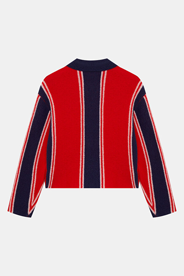 Red Striped Patterned Wool Women's Cardigan 2