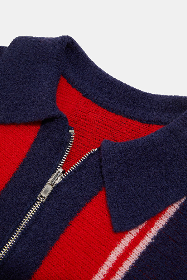 Red Striped Patterned Wool Women's Cardigan 3