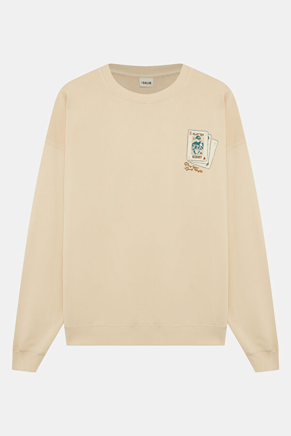 Krem Relax Kalıp Bisiklet Yaka Erkek Sweatshirt