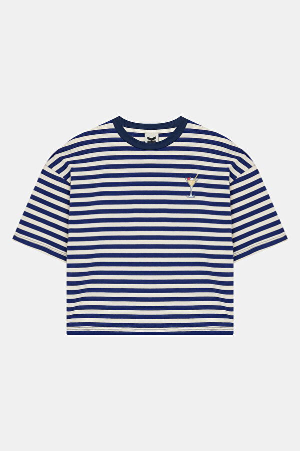 Navy Blue Crew Neck Striped Pattern Women's T-Shirt