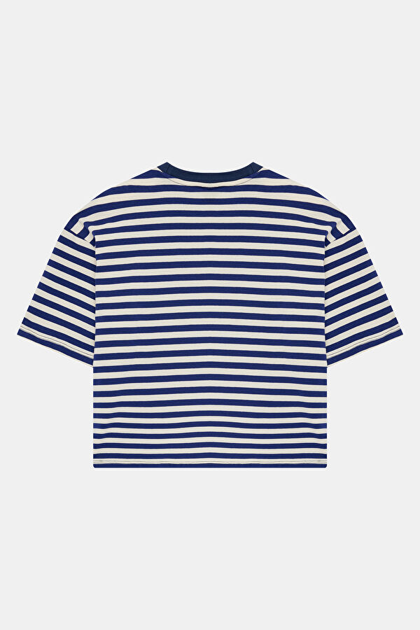 Navy Blue Crew Neck Striped Pattern Women's T-Shirt 2