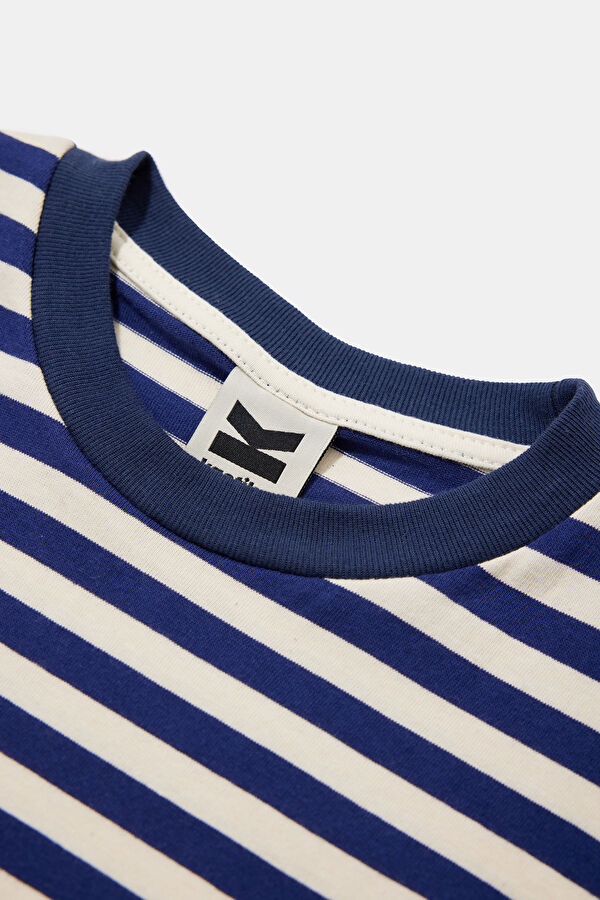Navy Blue Crew Neck Striped Pattern Women's T-Shirt 3