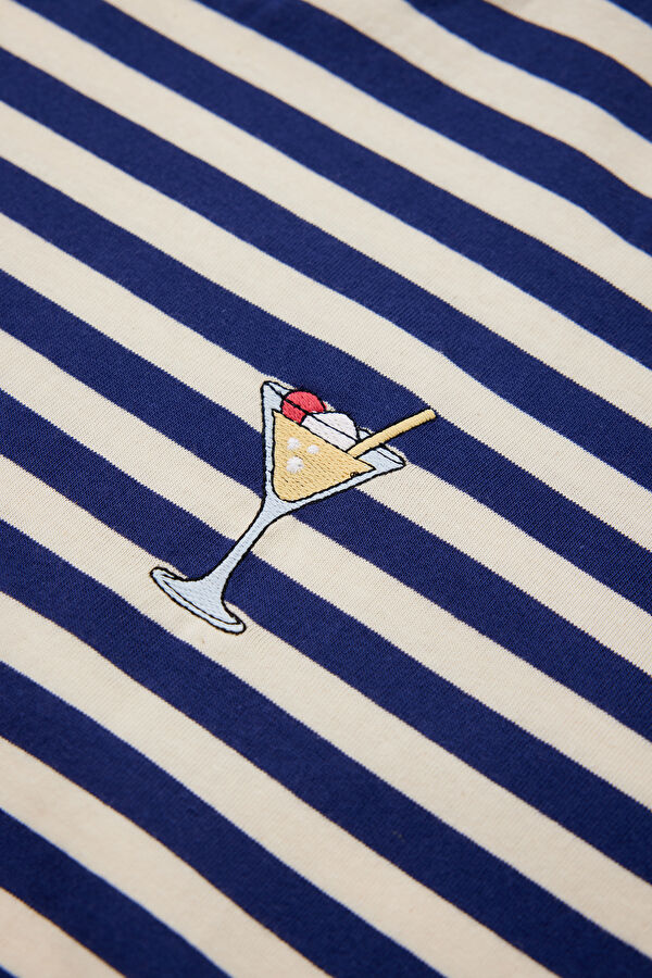 Navy Blue Crew Neck Striped Pattern Women's T-Shirt 4