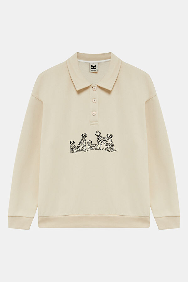 Krem Relax Kalıp Polo Yaka Kadın Sweatshirt