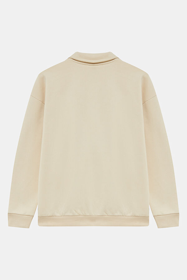 Krem Relax Kalıp Polo Yaka Kadın Sweatshirt 2