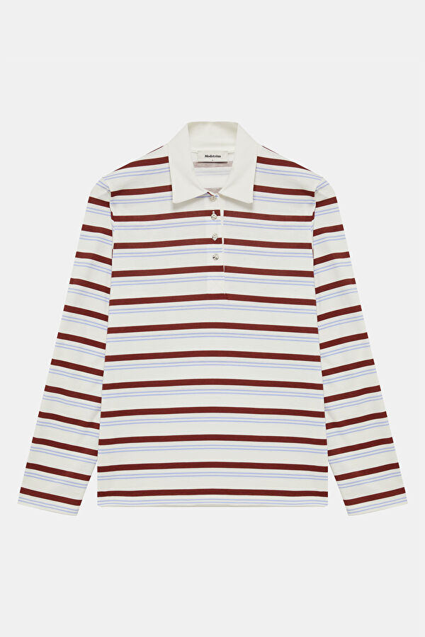 Cream Polo Collar Striped Pattern Women's T-Shirt