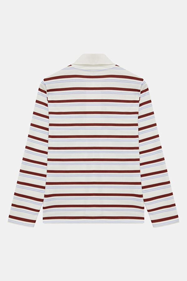 Cream Polo Collar Striped Pattern Women's T-Shirt 2
