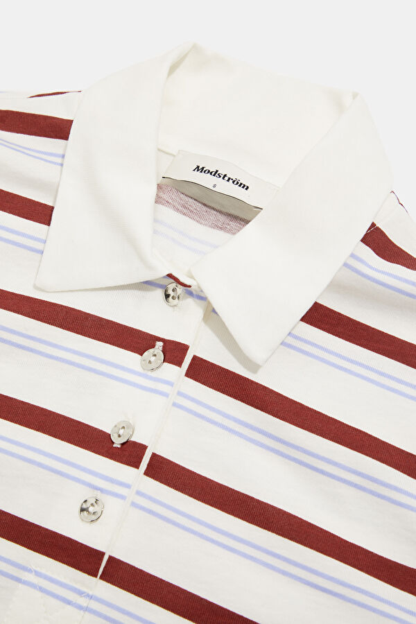 Cream Polo Collar Striped Pattern Women's T-Shirt 3