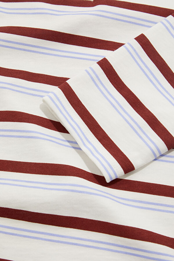 Cream Polo Collar Striped Pattern Women's T-Shirt 4