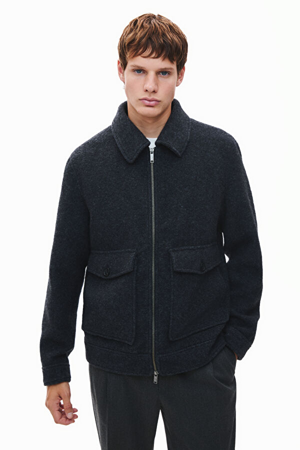 Navy Blue Zip-Up Wool Men's Jacket