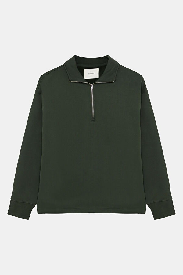 Koyu Yeşil Relax Kalıp Dik Yaka Erkek Sweatshirt 4