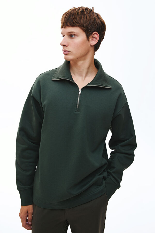 Koyu Yeşil Relax Kalıp Dik Yaka Erkek Sweatshirt
