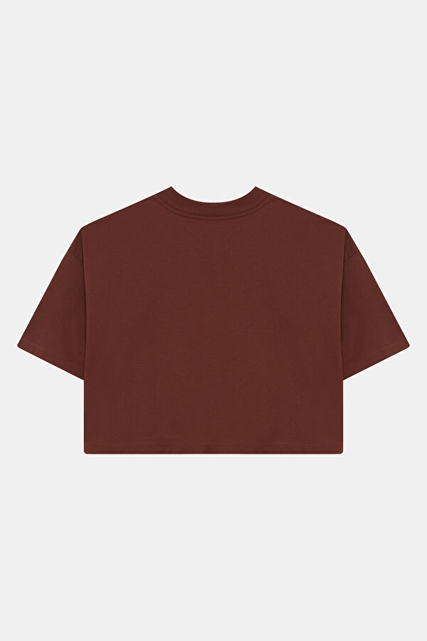 Kahve O Yaka Baskılı Kadın T-Shirt 2