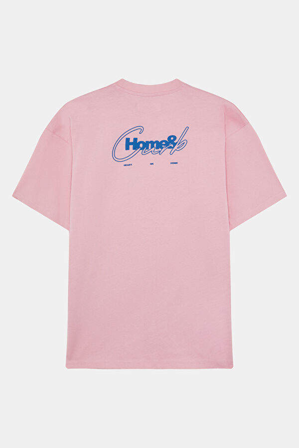Relax Kalıp Pembe Bisiklet Yaka Baskılı Erkek T-Shirt 5