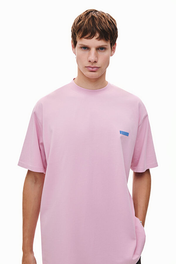 Relax Kalıp Pembe Bisiklet Yaka Baskılı Erkek T-Shirt