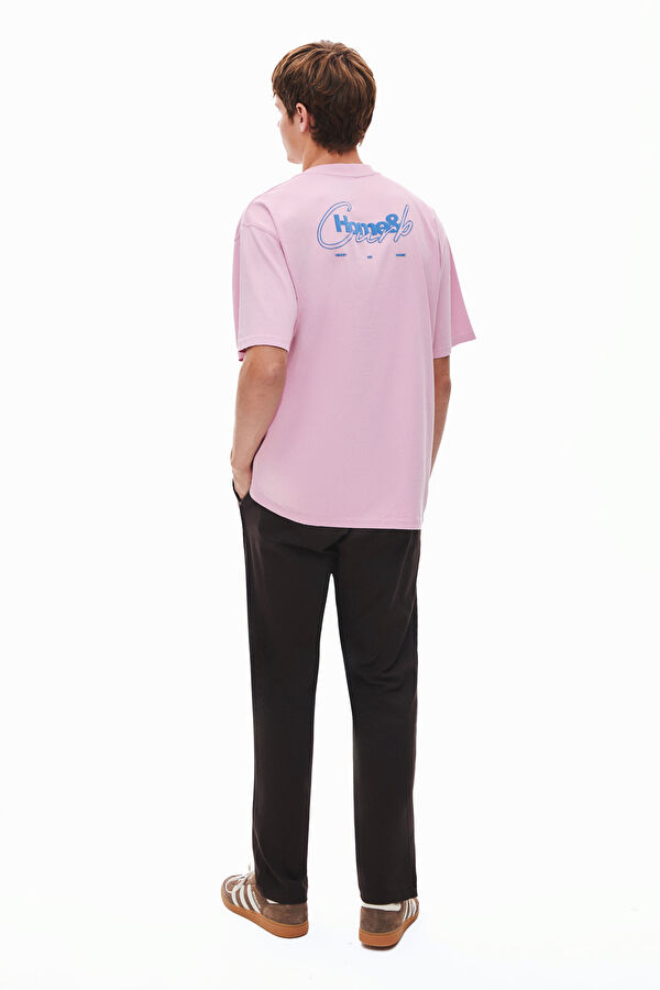 Relax Kalıp Pembe Bisiklet Yaka Baskılı Erkek T-Shirt 2