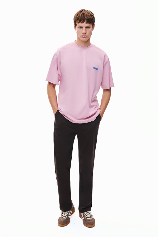Relax Kalıp Pembe Bisiklet Yaka Baskılı Erkek T-Shirt 3