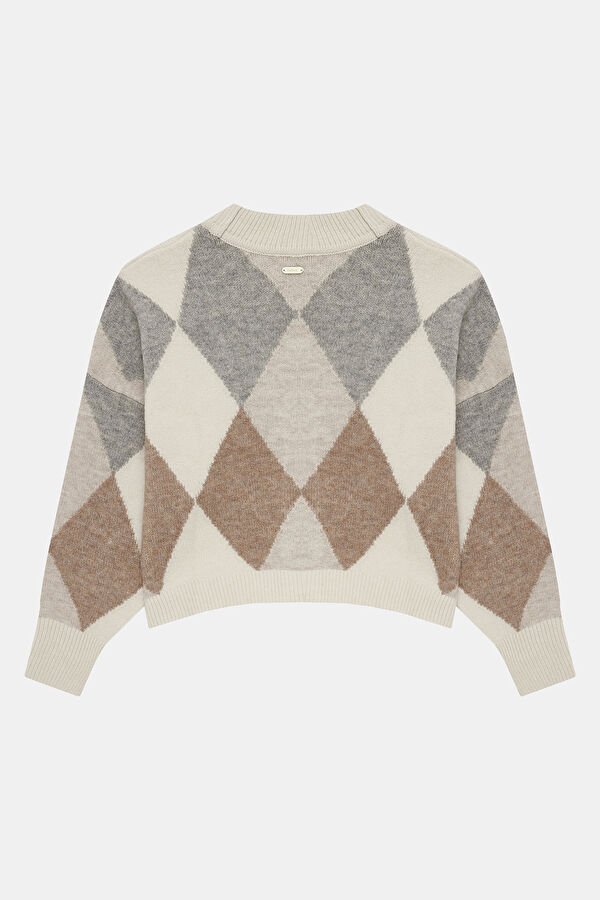 Silvia Knitted Krem Baklava Desenli Yün Kadın Hırka 2