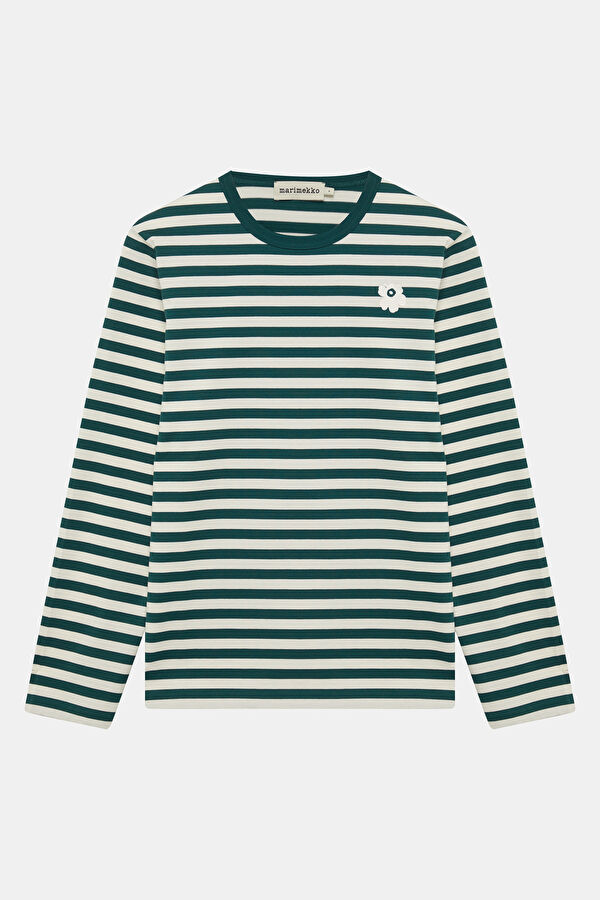 Relax Kalıp Koyu Yeşil O Yaka Çizgili Desenli Kadın T-Shirt