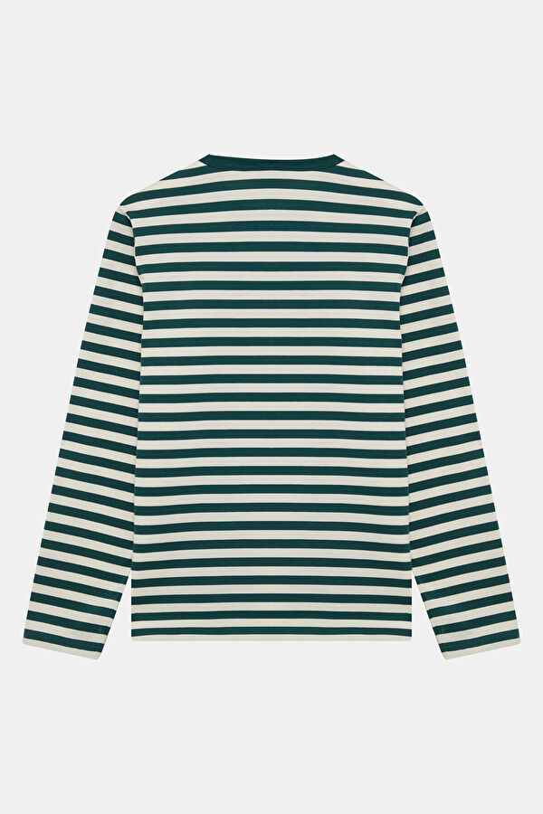 Relax Kalıp Koyu Yeşil O Yaka Çizgili Desenli Kadın T-Shirt 2