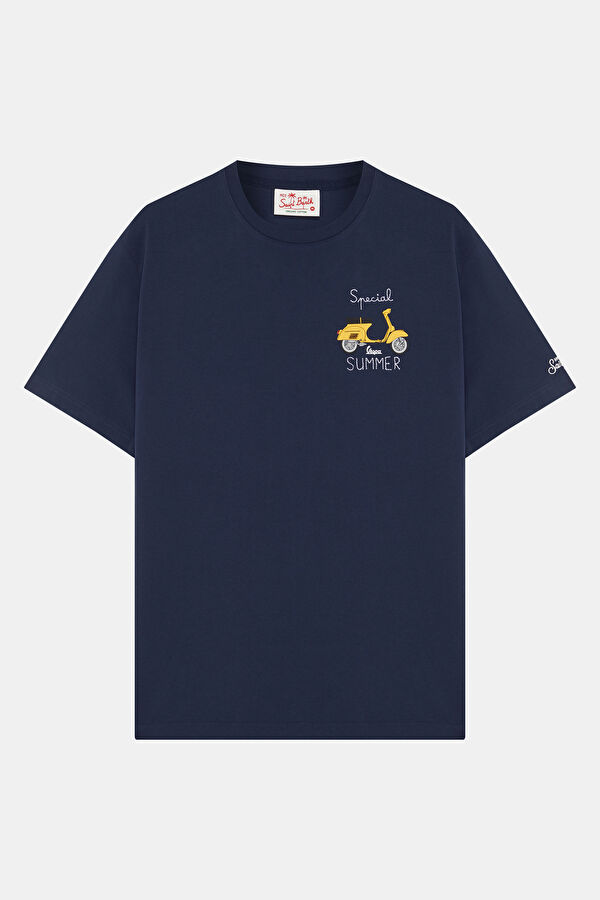 Relax Fit Navy Blue Crew Neck Embroidered Men's T-Shirt