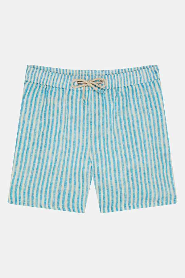 Light Blue Striped Elastic Linen Men's Swimsuit
