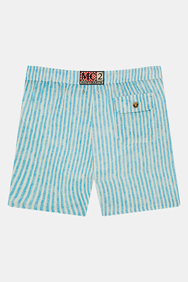 Light Blue Striped Elastic Linen Men's Swimsuit 2