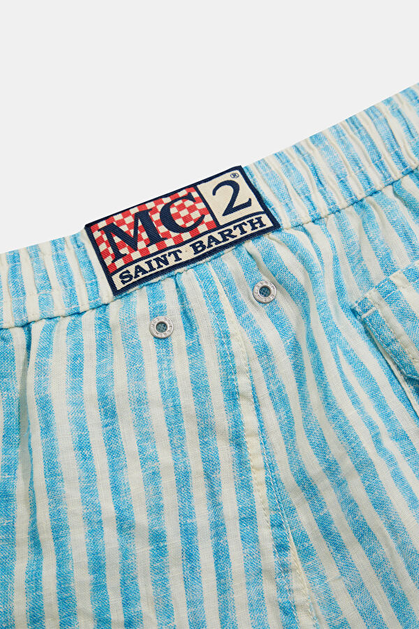 Light Blue Striped Elastic Linen Men's Swimsuit 4