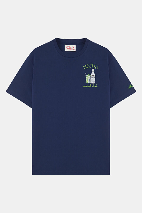 Relax Kalıp Lacivert Bisiklet Yaka Nakışlı Erkek T-Shirt