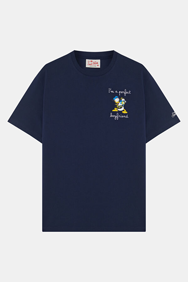 Relax Kalıp Lacivert Bisiklet Yaka Nakışlı Erkek T-Shirt