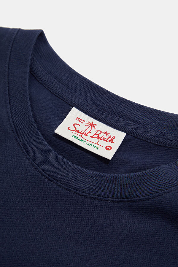 Relax Kalıp Lacivert Bisiklet Yaka Nakışlı Erkek T-Shirt 3