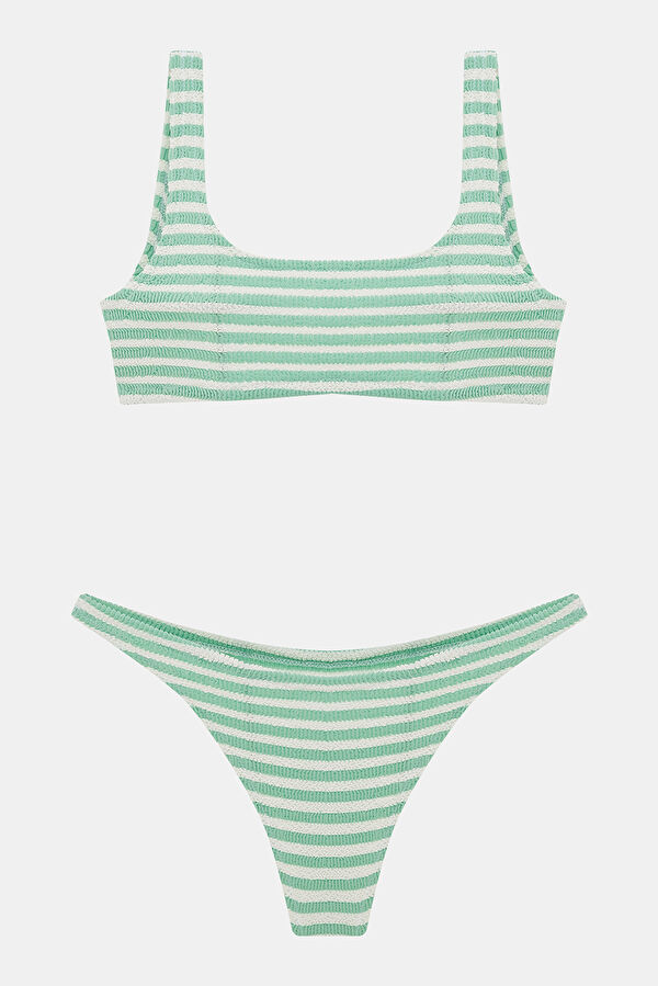 Yeşil Çizgili Desenli Bağlamalı Bikini