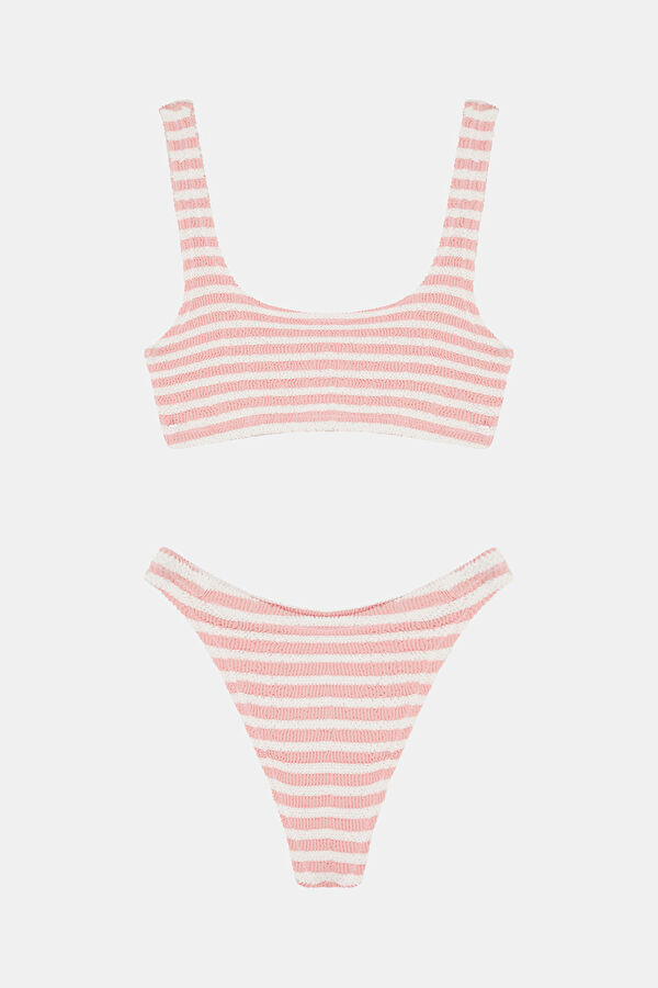 Pembe Çizgili Desenli Bağlamalı Bikini
