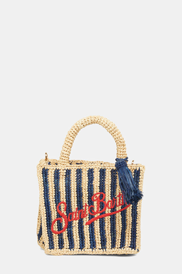 Vanity Mini Raffia Lacivert Çizgili Desenli Çanta