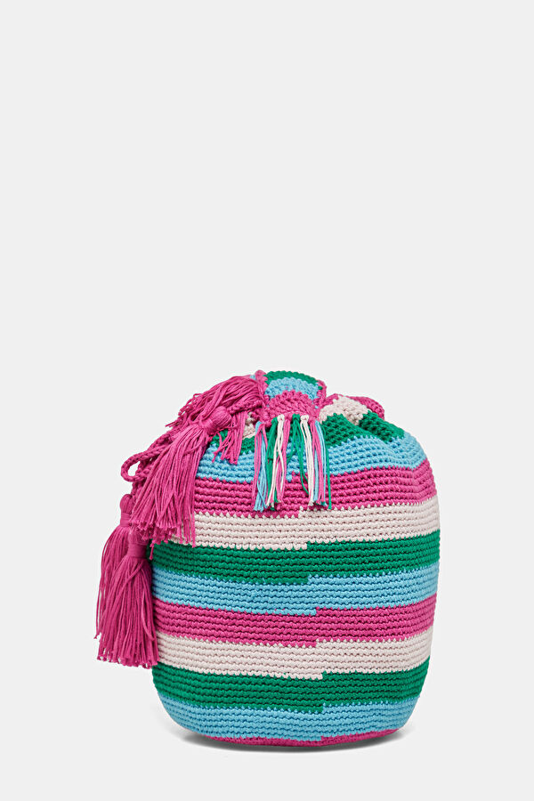 Crochet Bucket Mavi Çizgili Çanta 4