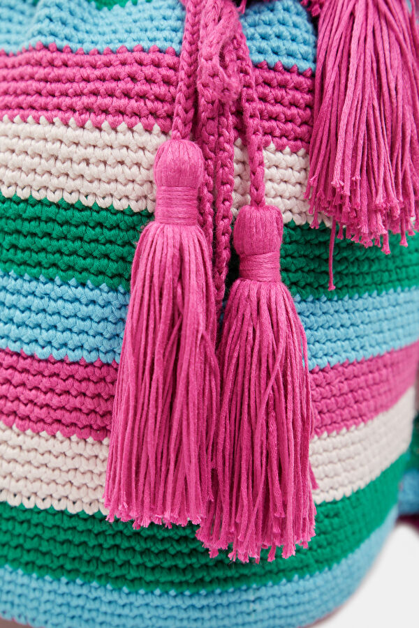 Crochet Bucket Mavi Çizgili Çanta 5