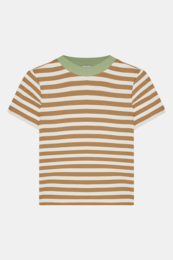 Çok Renkli Çizgili Bisiklet Yaka Kadın T-shirt