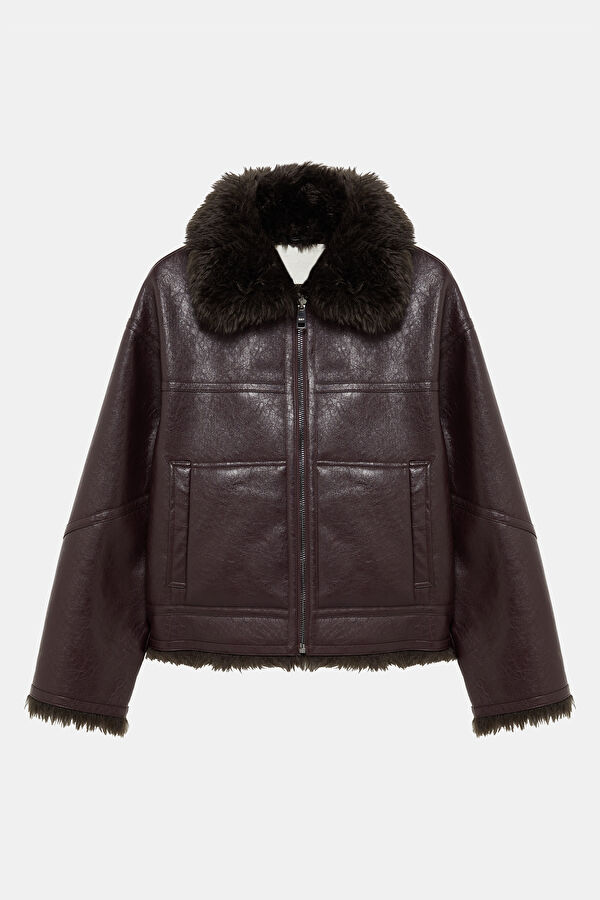 Dark Brown Women's Faux Fur Collar Coat