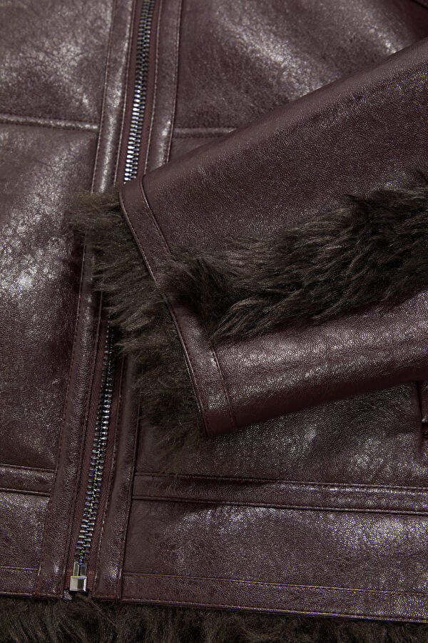 Dark Brown Women's Faux Fur Collar Coat 4