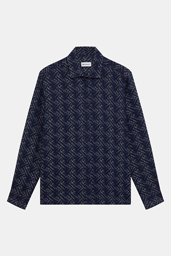 Navy Blue Patterned Men's Shirt