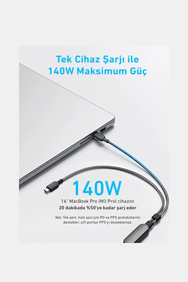 2-in-1 USB-C to USB-C 140W Kablo - Siyah 3