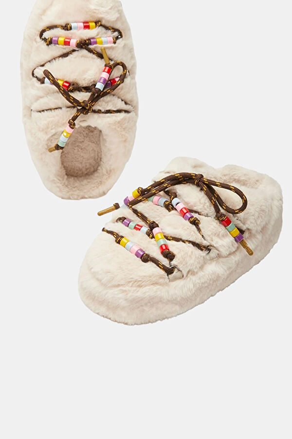 Mb Mule Faux Fur Beads Krem Kadın Bot 3