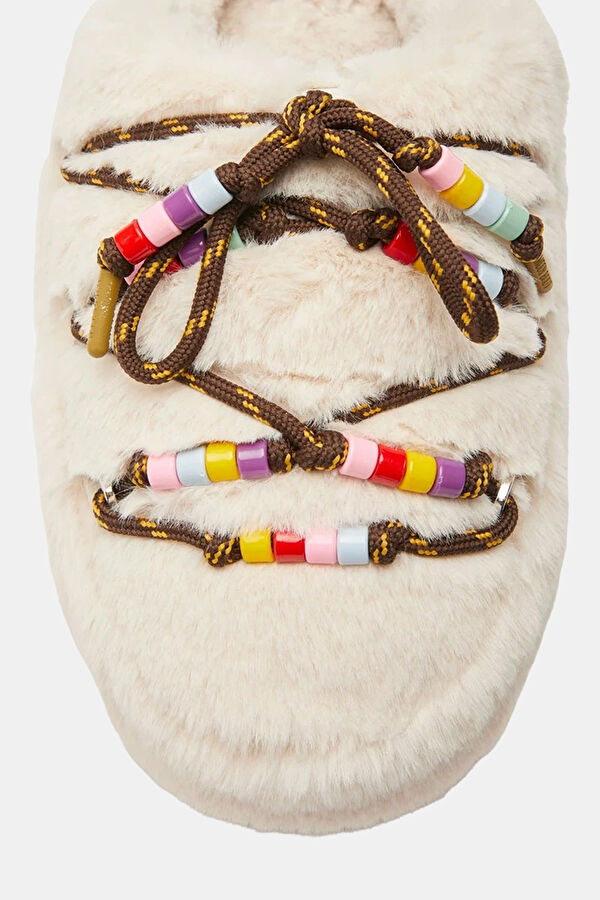 Mb Mule Faux Fur Beads Krem Kadın Bot 4