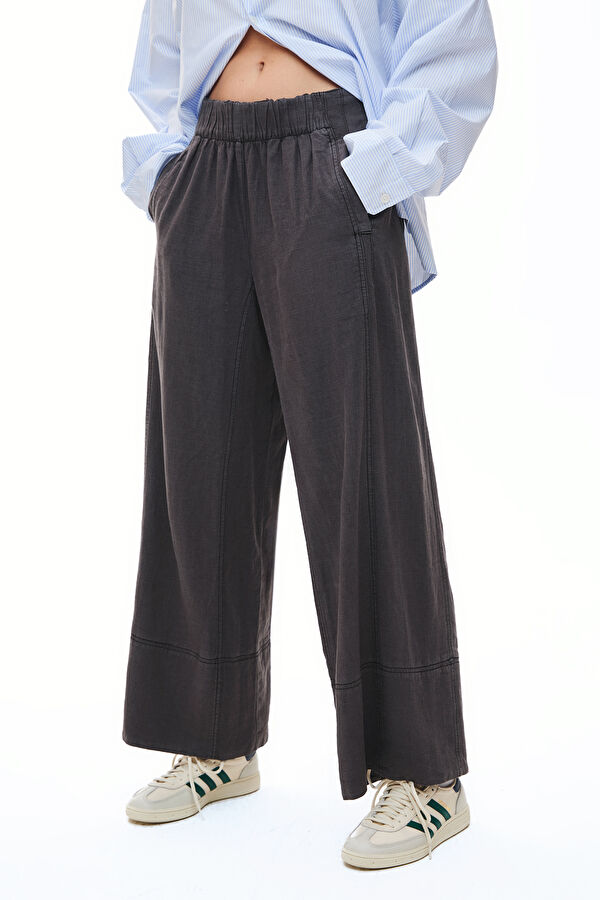 Siyah Wide Leg Keten Kadın Pantolon 2